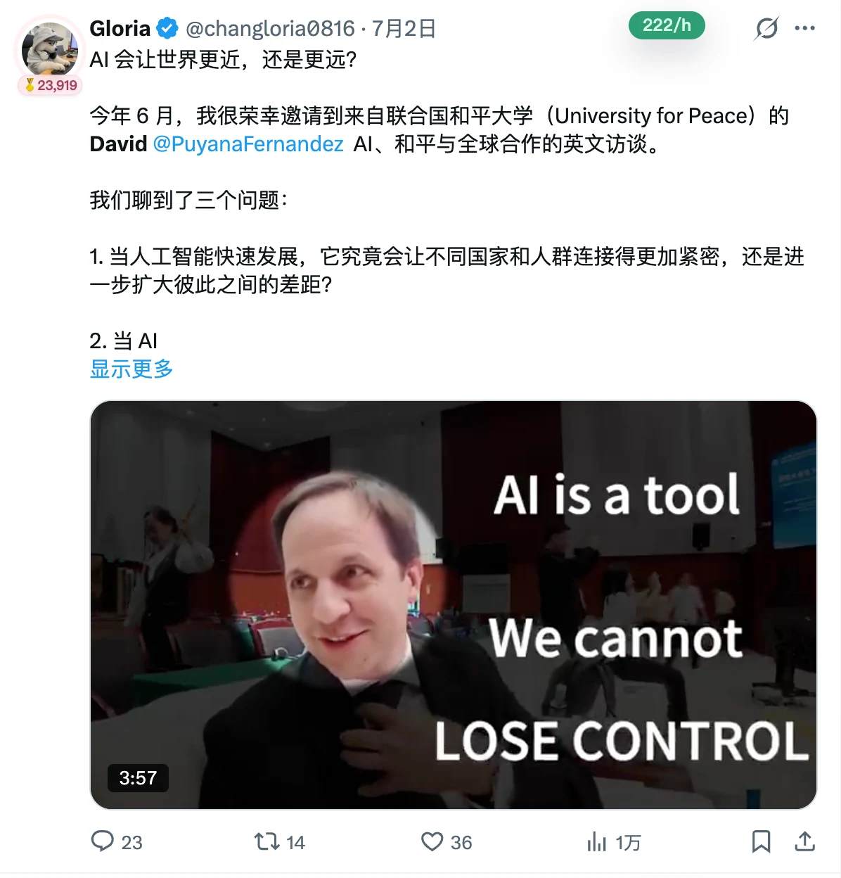 Gloria interview post featuring David Fernandez Puyana discussing AI and global cooperation