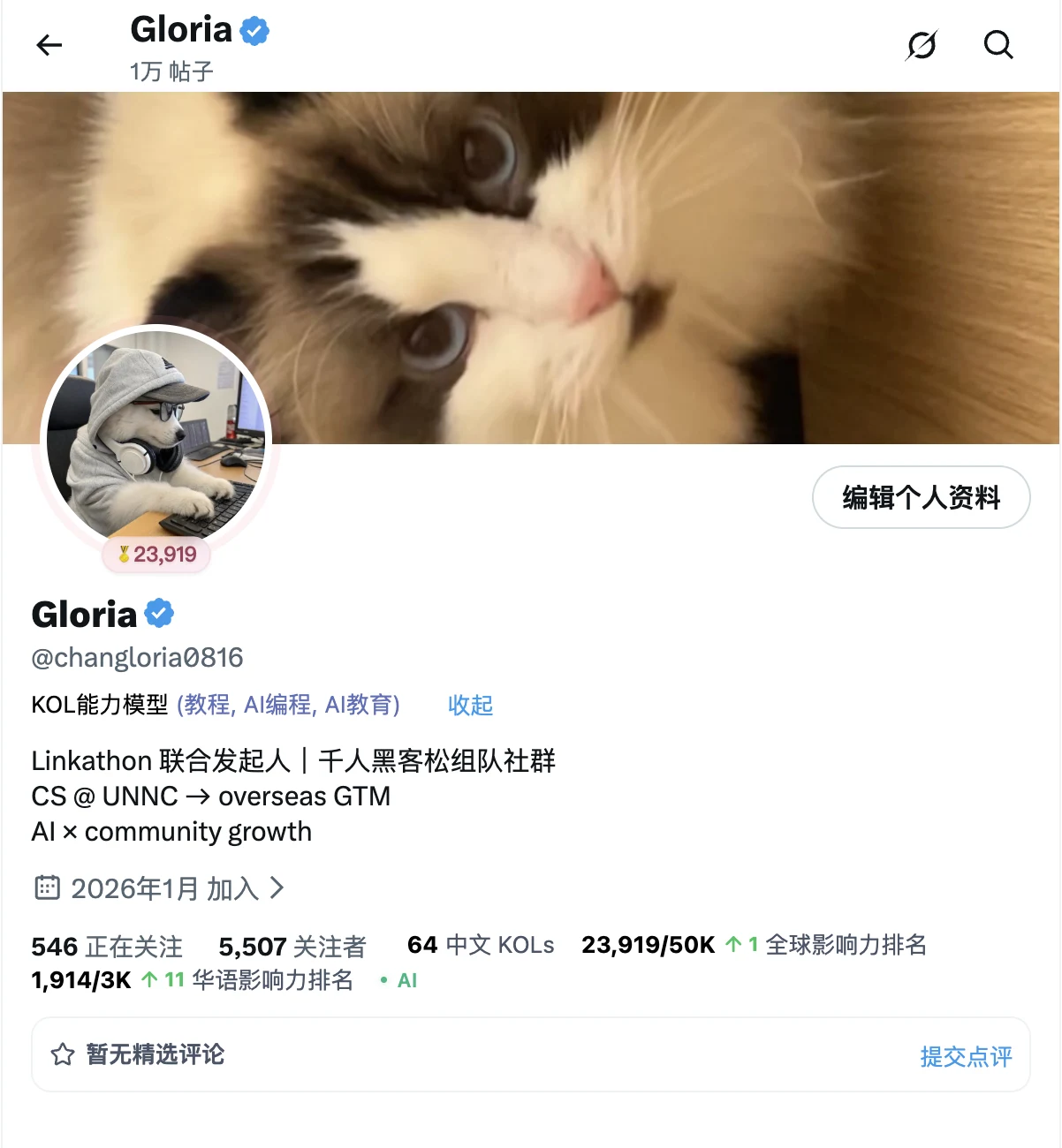Gloria X profile showing 5,507 followers